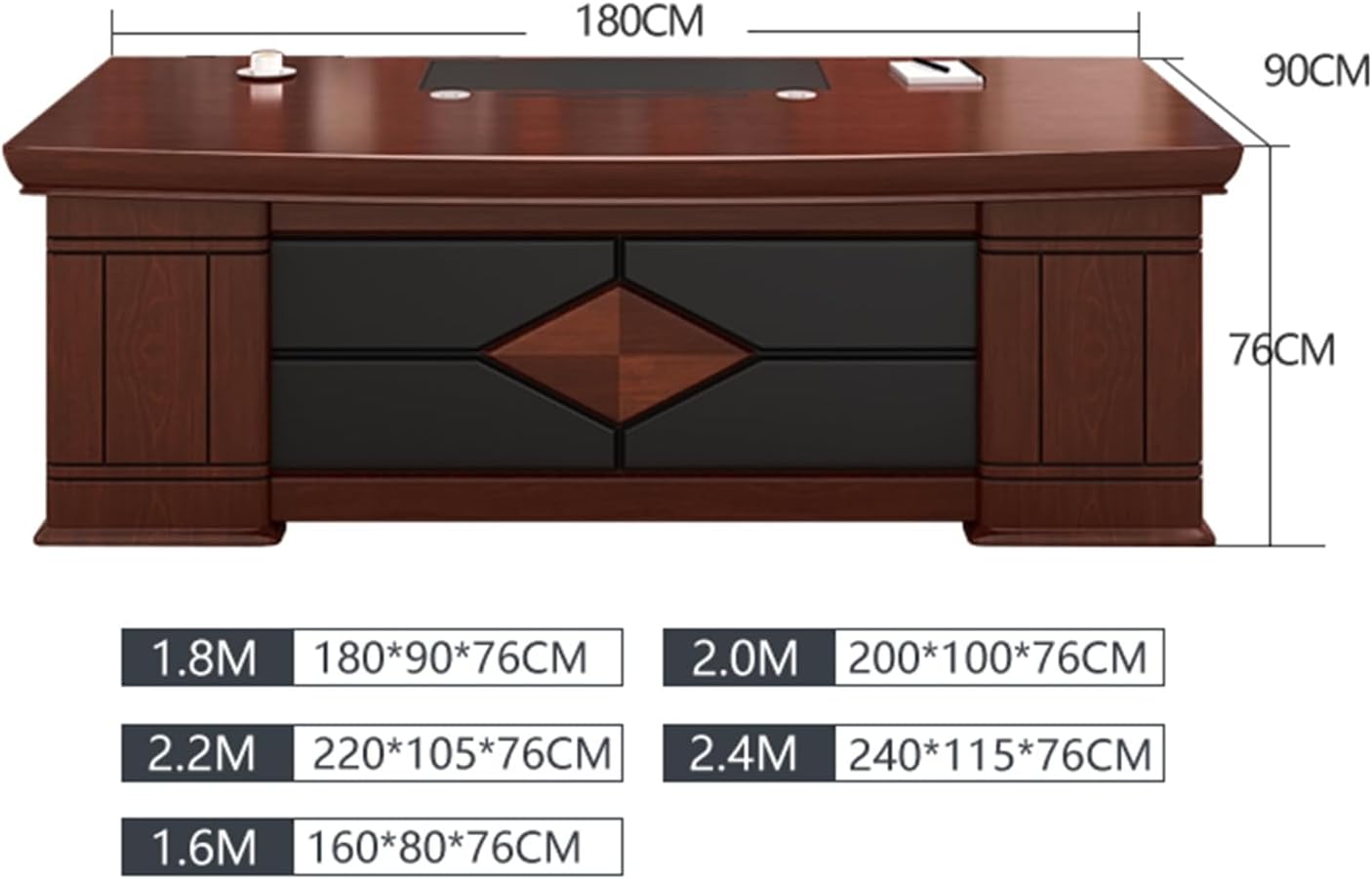 1.8m advance office desk, 3-link office reception bench, 3-link waiting bench, 4-Drawer Filing Cabinet, coffee table, Dual Orthopedic Office Chair, mahogany coat hunger, Modern executive desk