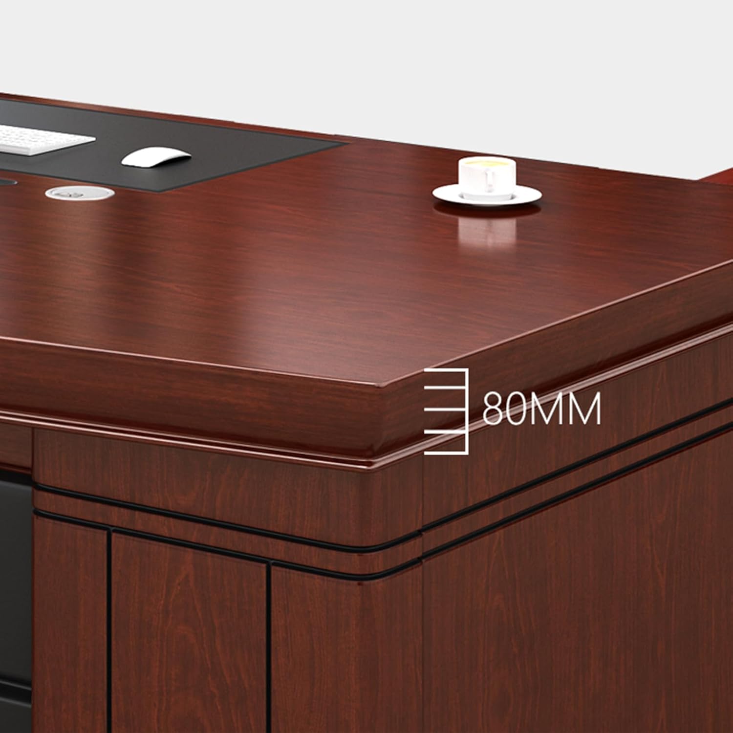 1.8m advance office desk, 3-link office reception bench, 3-link waiting bench, 4-Drawer Filing Cabinet, coffee table, Dual Orthopedic Office Chair, mahogany coat hunger, Modern executive desk