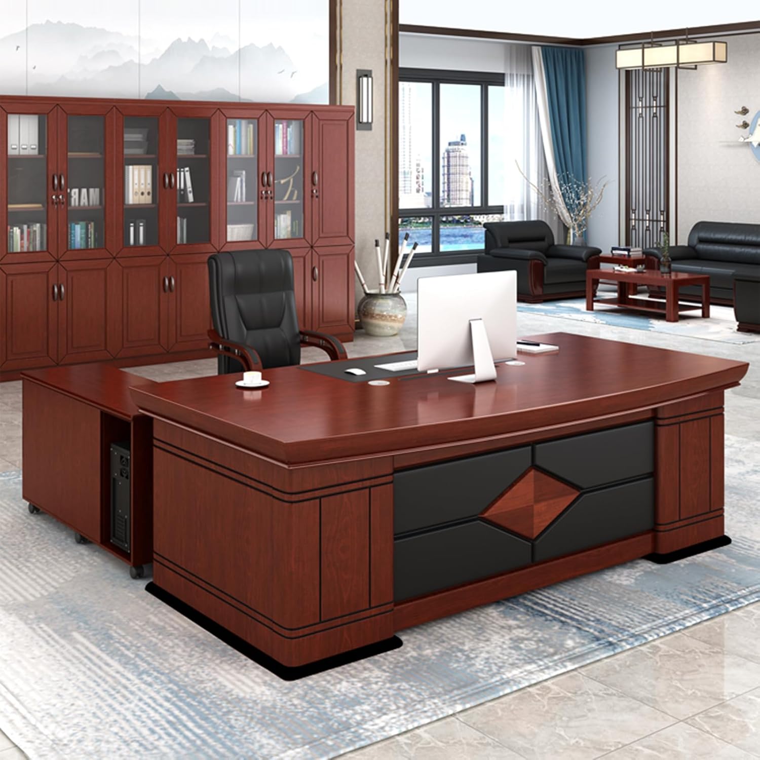 1.8m advance office desk, 3-link office reception bench, 3-link waiting bench, 4-Drawer Filing Cabinet, coffee table, Dual Orthopedic Office Chair, mahogany coat hunger, Modern executive desk