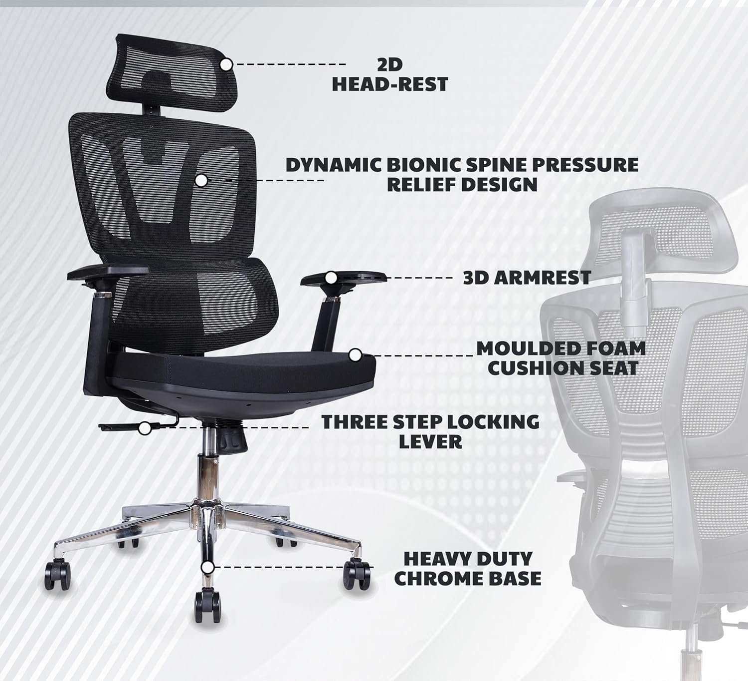 2-Way Office Workstation, 3-drawer filing cabinet, 3-link waiting bench, 9-locker filing cabinet, Dual Orthopedic Office Chair, Ergonomic office chair, Executive office desk, headrest office eat