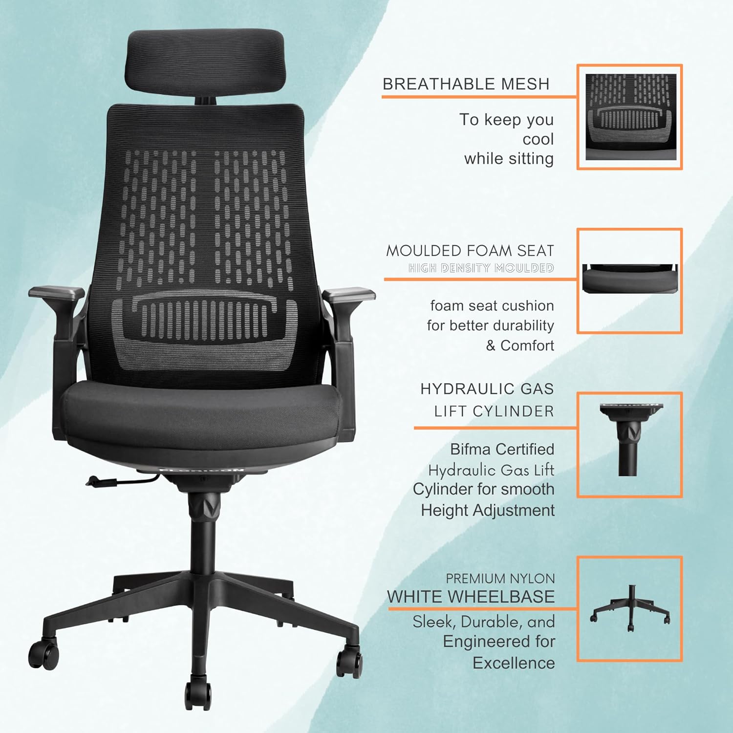 2-Way Office Workstation, 3-drawer filing cabinet, 3-link waiting bench, 9-locker filing cabinet, Dual Orthopedic Office Chair, Ergonomic office chair, Executive office desk, headrest office eat No
