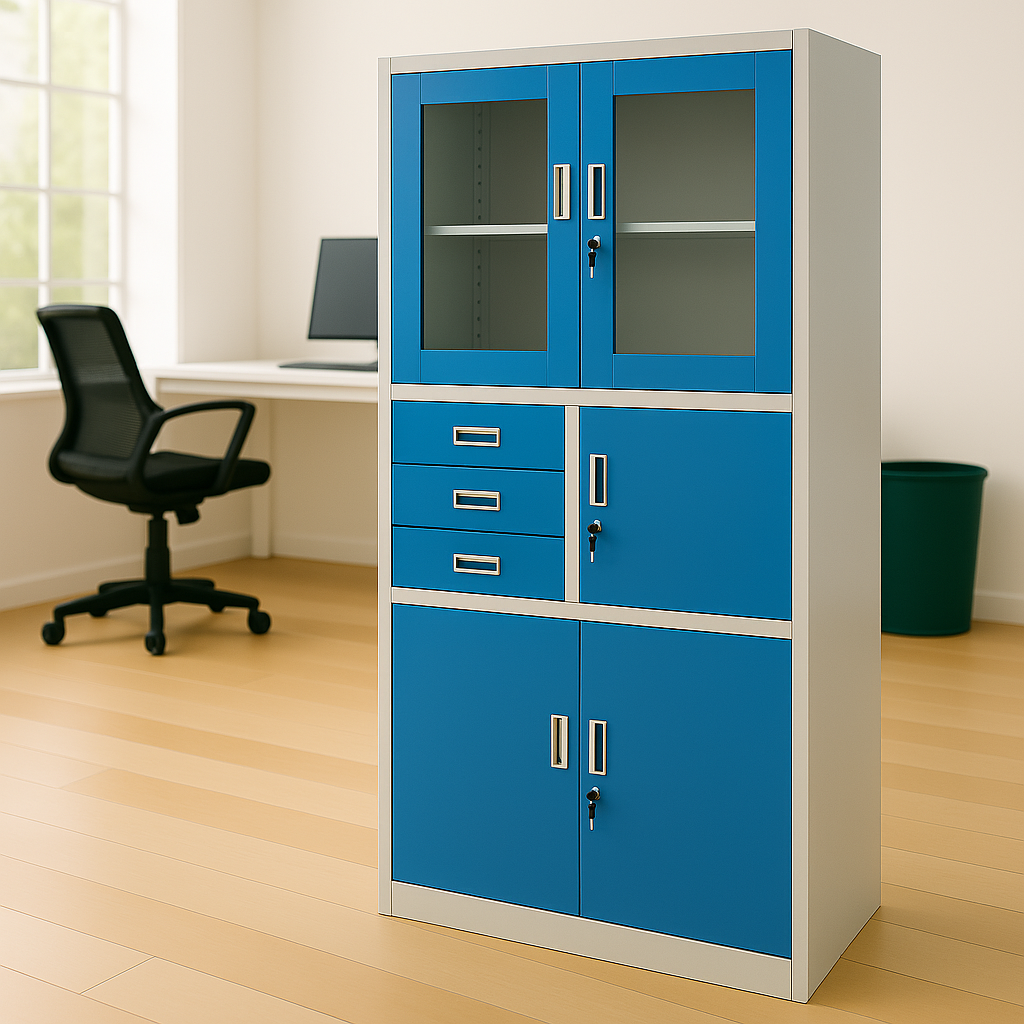 2-Way Office Workstation, 3-drawer filing cabinet, 3-link waiting bench, 9-locker filing cabinet, Dual Orthopedic Office Chair, Ergonomic office chair, Executive office desk, headrest office eat No