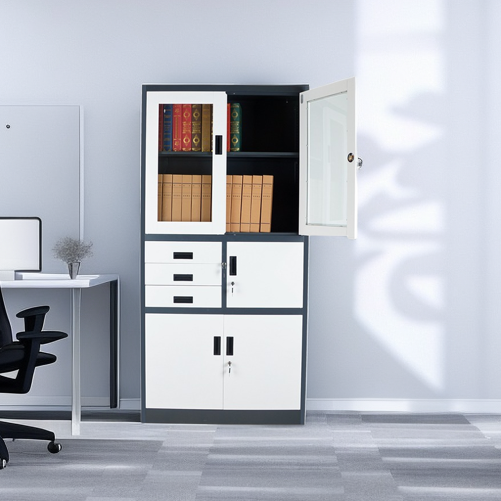 2-Way Office Workstation, 3-drawer filing cabinet, 3-link waiting bench, 9-locker filing cabinet, Dual Orthopedic Office Chair, Ergonomic office chair, Executive office desk, headrest office eat