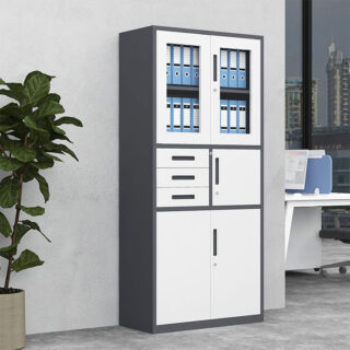 4-Way Office Workstation, 9-locker filing cabinet, Dual Orthopedic Office Chair, Ergonomic office chair, Executive office desk, filing cabinet, headrest office eat