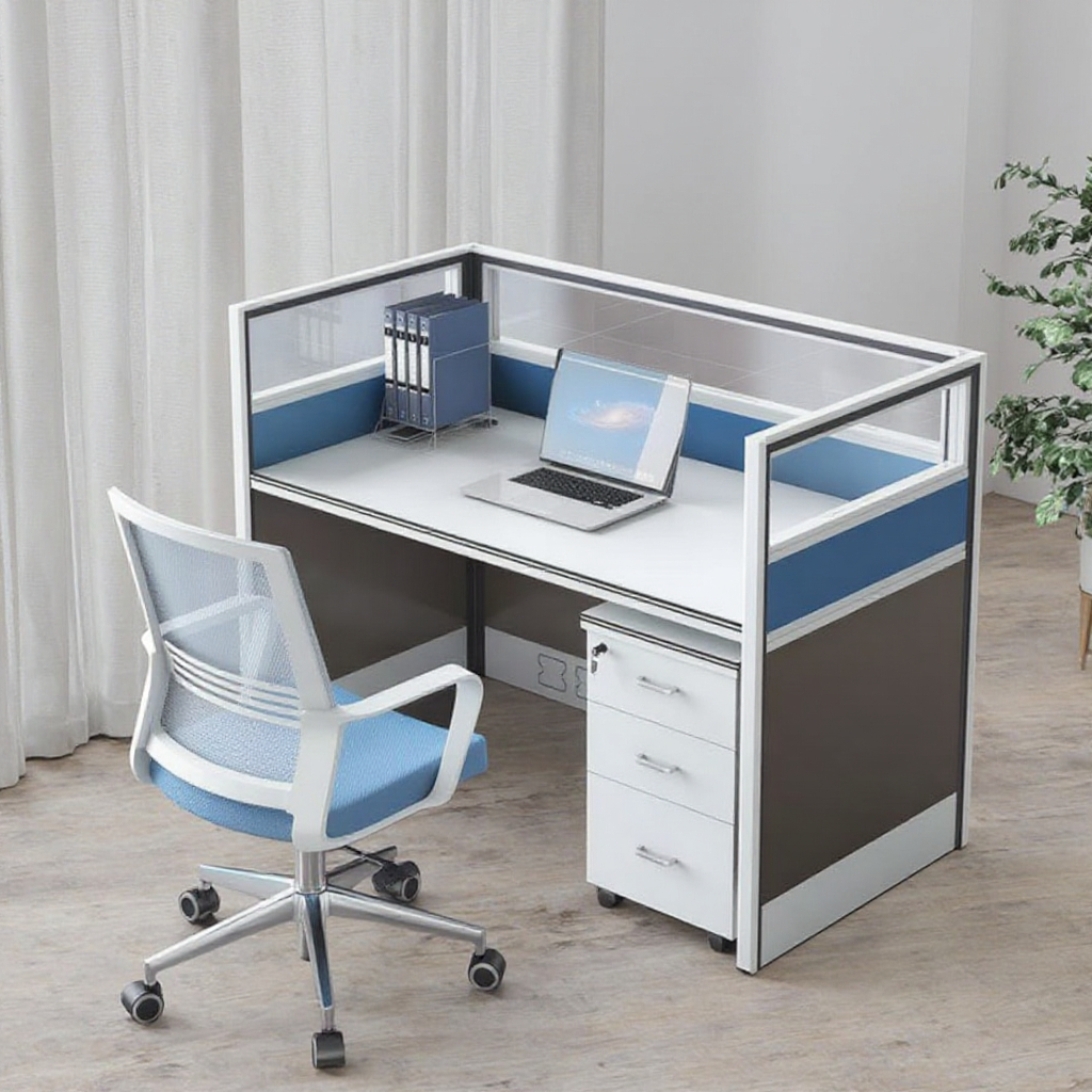4-Way Office Workstation, 9-locker filing cabinet, Dual Orthopedic Office Chair, Ergonomic office chair, Executive office desk, filing cabinet, headrest office eat