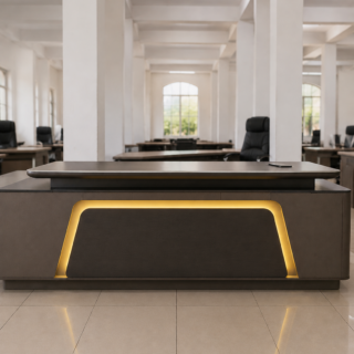 3-door filing furniture, 3-drawer filing cabinet, 3-link waiting bench, 3.0m Boardroom Table, full glass filing cabinet, L-shaped executive desk, mahogany coat hunger, reclining